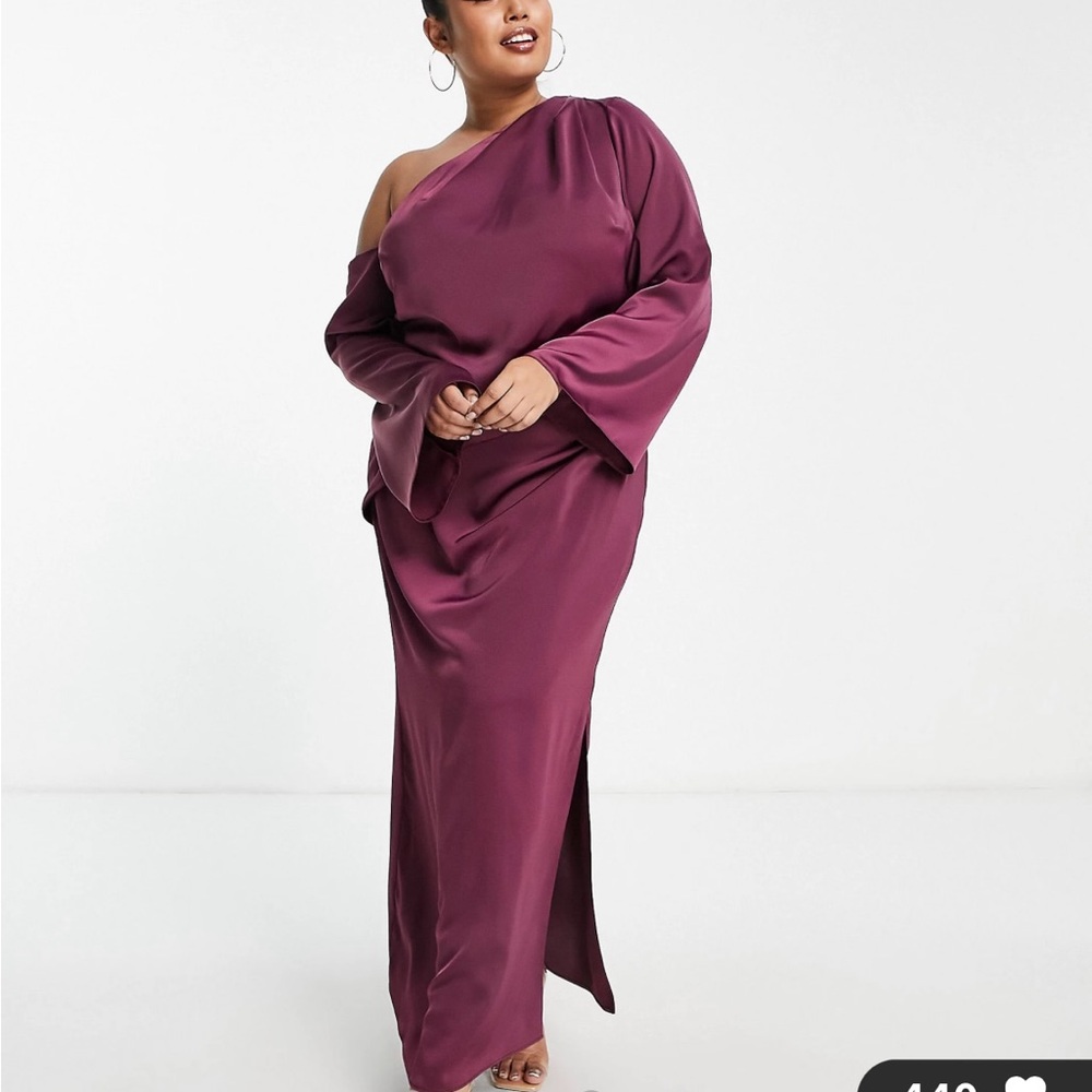 ASOS DESIGN Curve off shoulder satin maxi dress with drape detail in wine